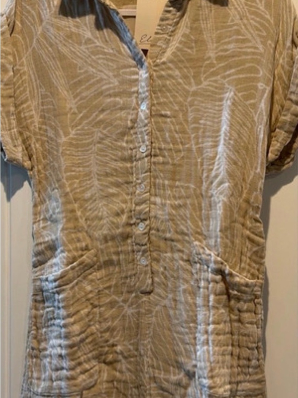 Elan Beige and White Textured Short-Sleeve Jumpsuit